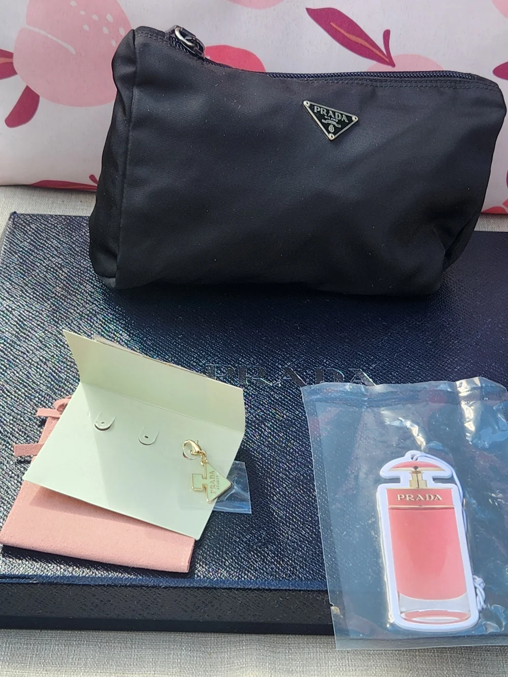 Prada Authentic Pouch & Floral Print Tablet Sleeve W Charms Bundle NIB
